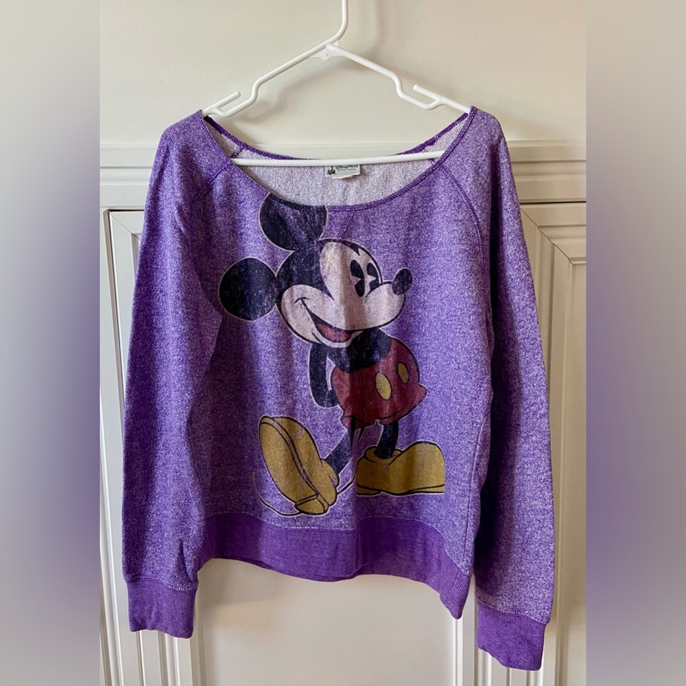 🟣 DISNEY MICKEY MOUSE OFF THE SHOULDER PURPLE SWEATSHIRT - SIZE LARGE 🟣